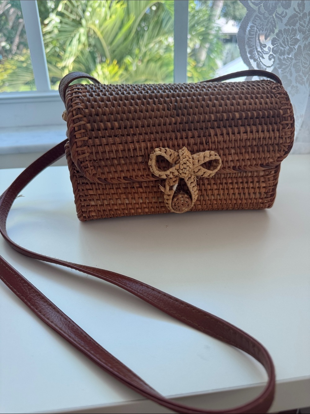 American Eagle Outfitters Brown Woven Crossbody Bag with Bow Accent